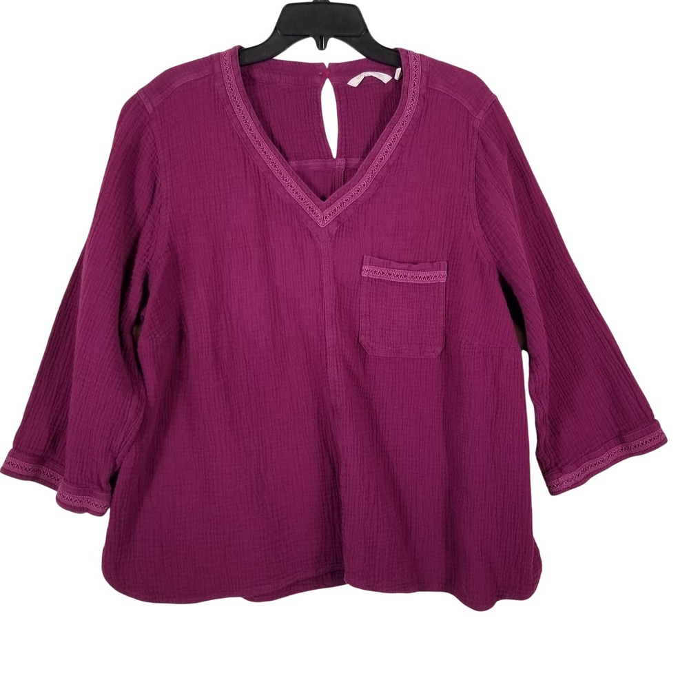Soft Surroundings 2X Purple‎ Cotton Gauze V-Neck Top Crochet Trim 3/4 Sleeve